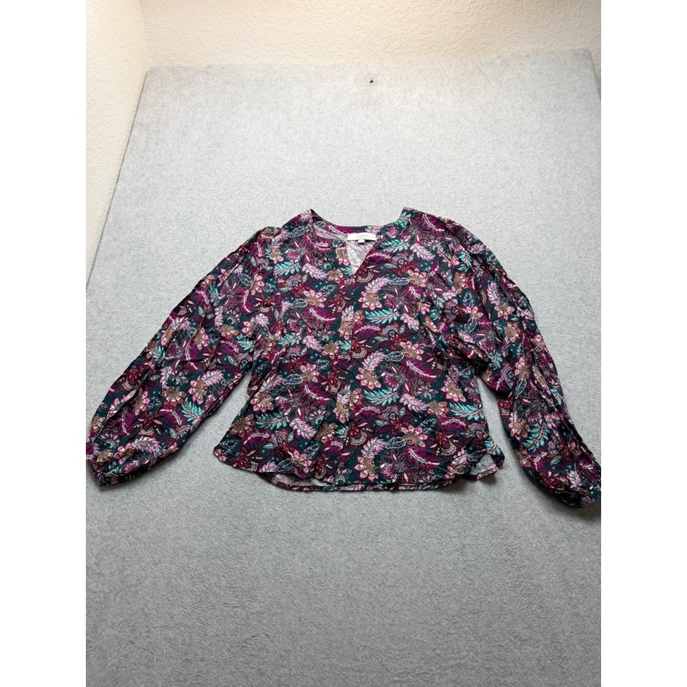 LOFT Womens XL Purple Teal Paisley Floral V-Neck Long Sleeve Rayon Blouse